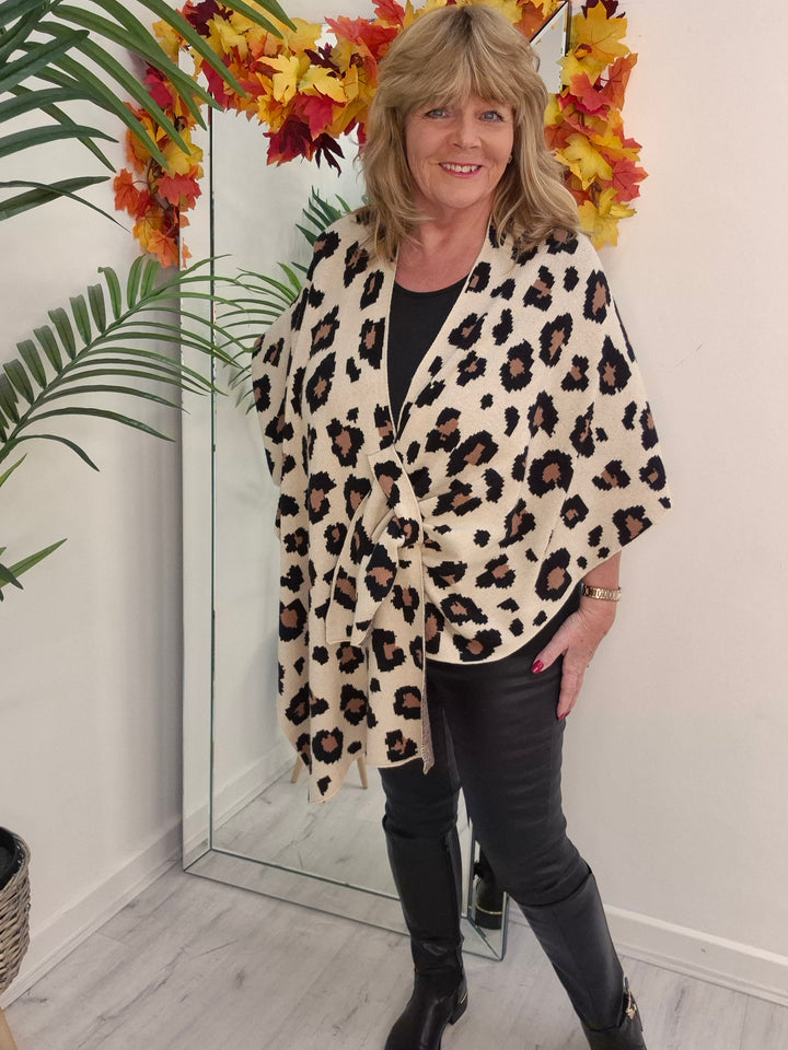 Leopard Super Soft Poncho/Wrap - Latte (One Size/Curvy Size from 12 up to Size 20)