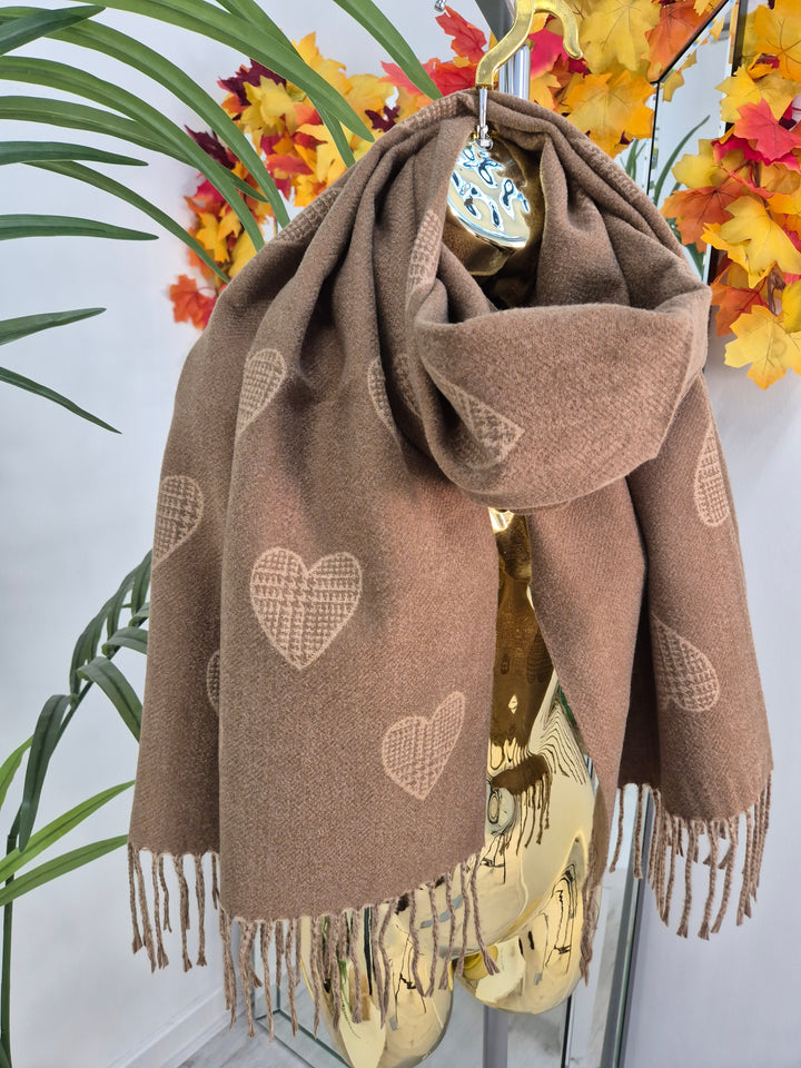 Hearts Oversized Scarf with Fringing - Chocolate