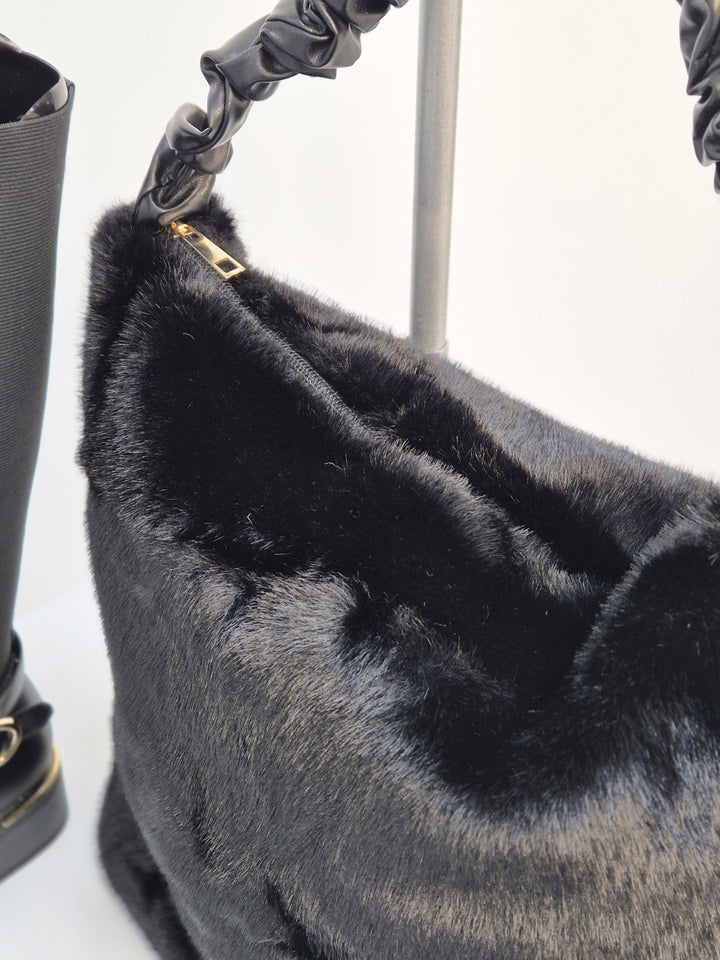 Oslo Large Faux Fur Bag with Stretchy Faux Leather Handle - Black