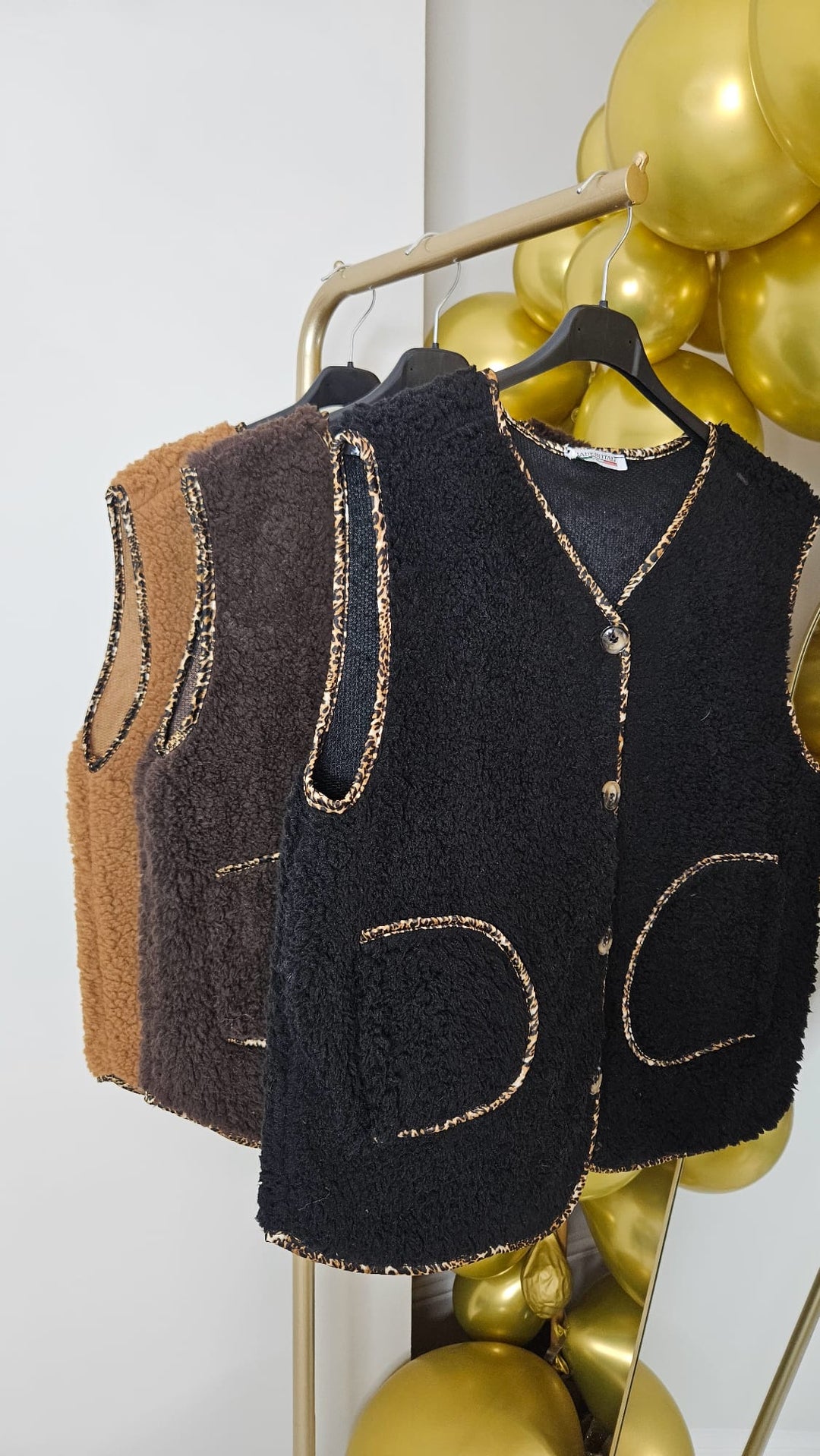 Teddy Waistcoat with Leopard Trim - (One Size fits from Size 8 to Size 16) - Black