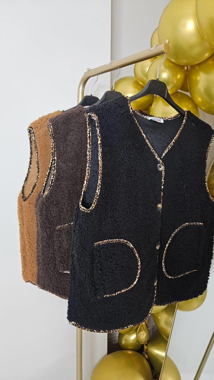 Teddy Waistcoat with Leopard Trim - (One Size fits from Size 8 to Size 16) - Black