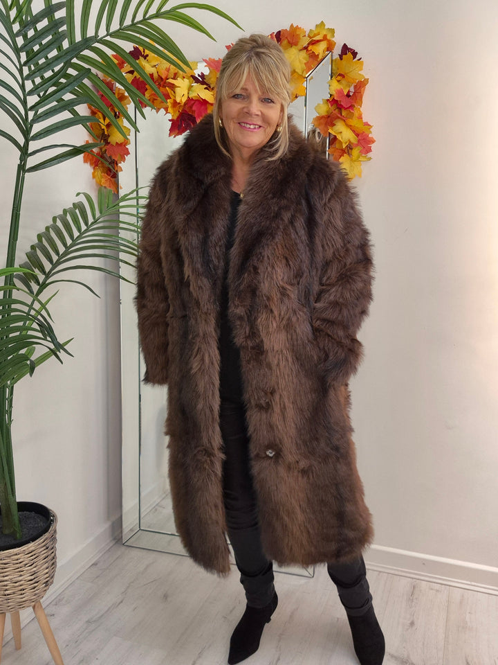 Oslo Fluffy Faux Fur Coat - Chocolate (choose your Size)