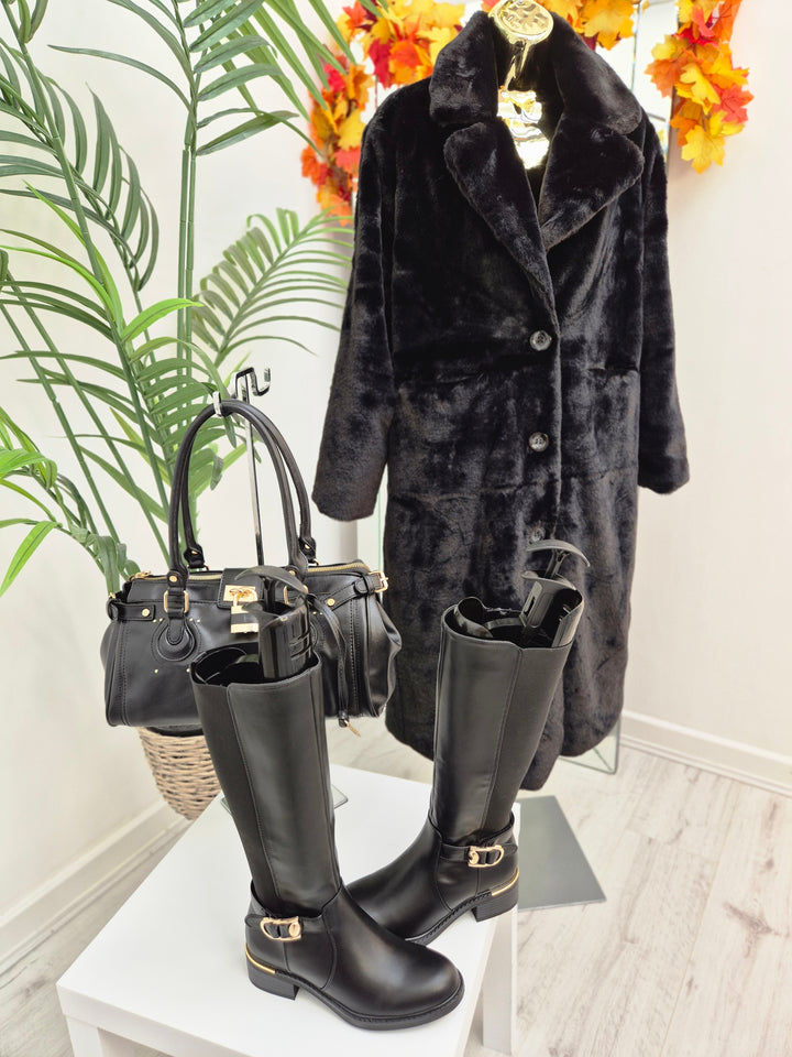 Oslo Longline Faux Fur Coat - Black (choose your Size)