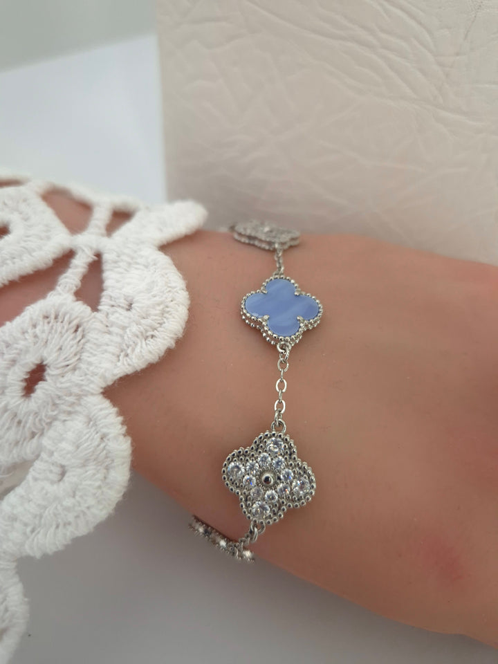 Clover Necklace, Earrings & Bracelet (choose your item) - Blue in Silver Tone