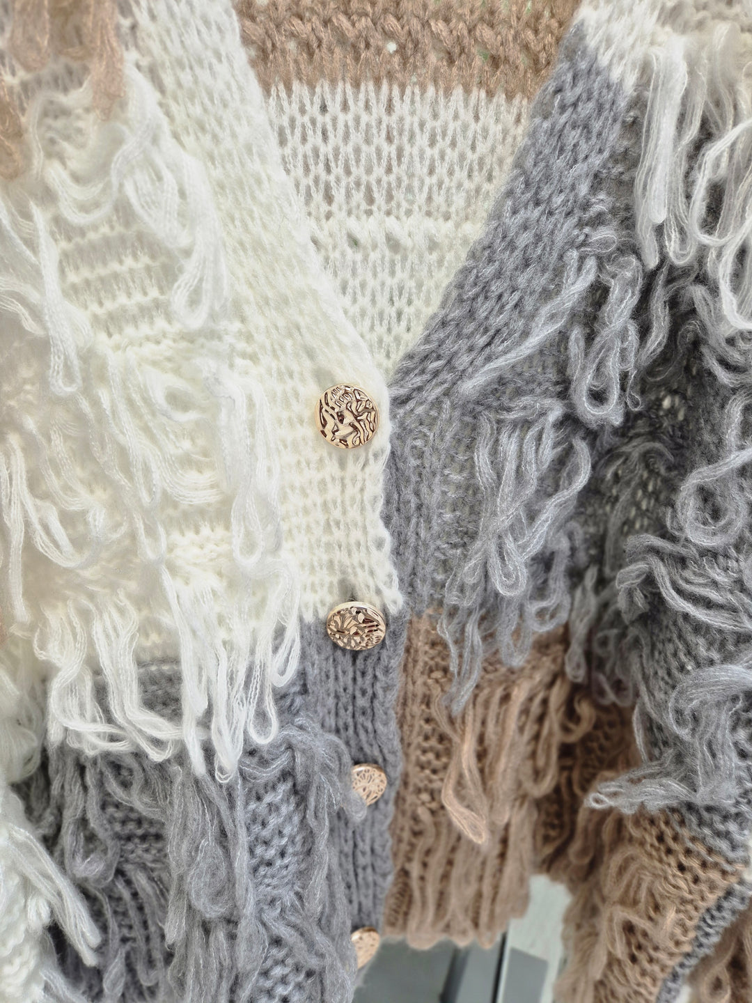 Shaggy Cardigan with Gold Buttons (Oversized) Long Length - Camel