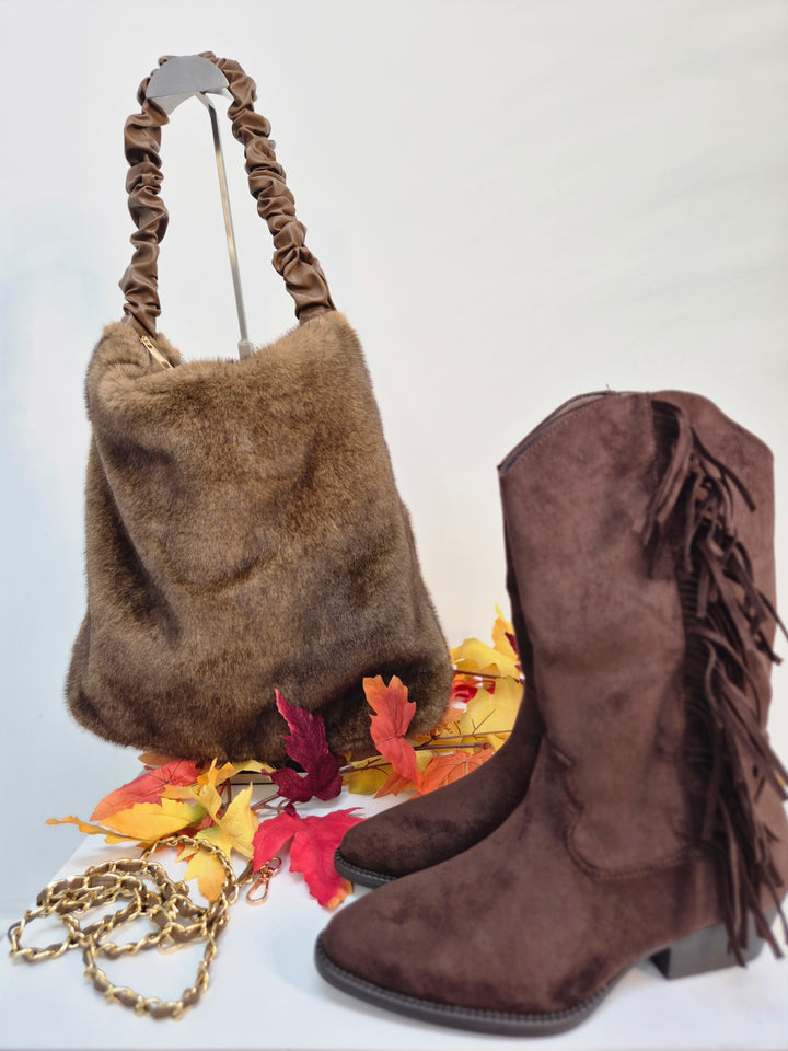 Oslo Large Faux Fur Bag with Stretchy Faux Leather Handle - Chocolate