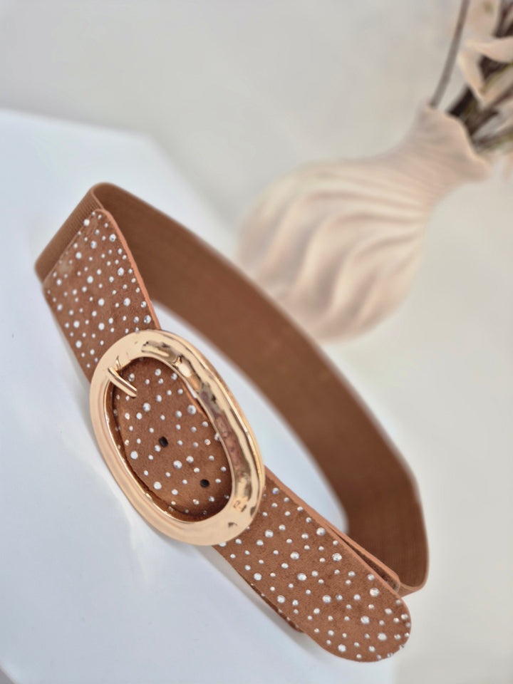 Stretchy Crystal Belt - Tan - (One Size, fits from Size 8 to Size 16)