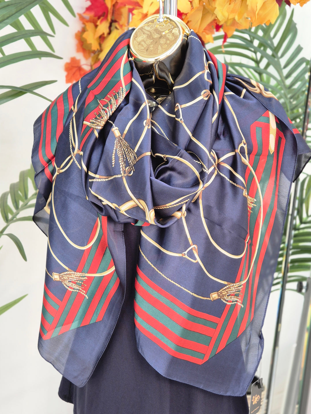 Oversized Silk Chain Print Scarf - Navy/Gold