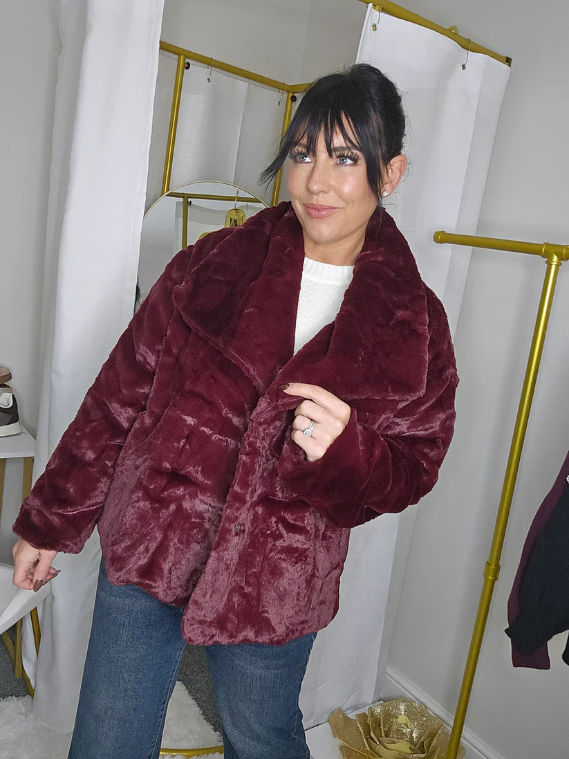 Oslo Faux Fur Medium Length Coat - Wine (One Size - fits from Size 10/12 up to Size 16/18)