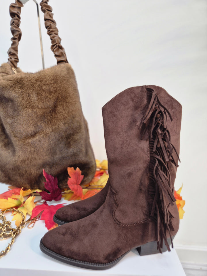 Oslo Large Faux Fur Bag with Stretchy Faux Leather Handle - Chocolate