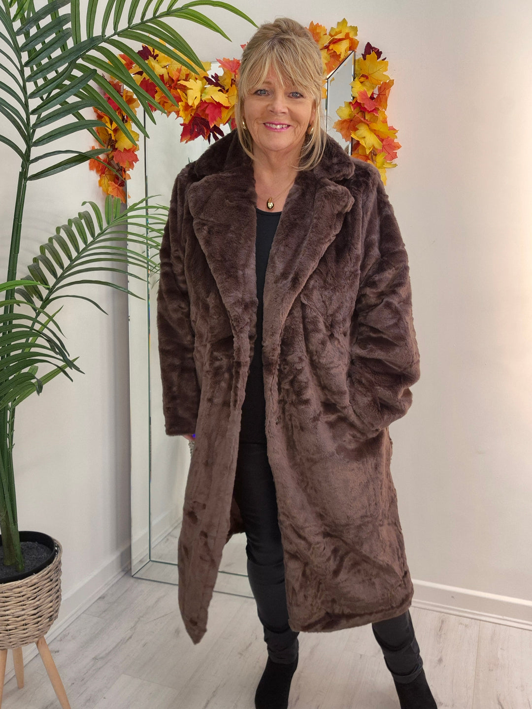 Oslo Faux Fur Longline Coat - Chocolate (choose your Size)