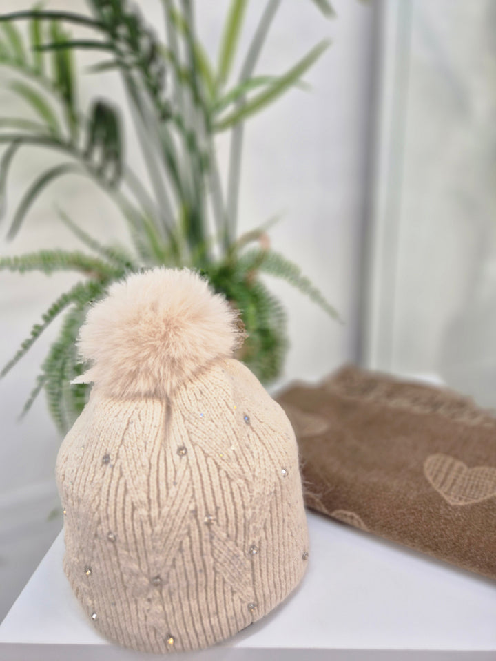 Oslo Fur Fur Pom Pom Hat with Crystals & Metallic Thread - Cream