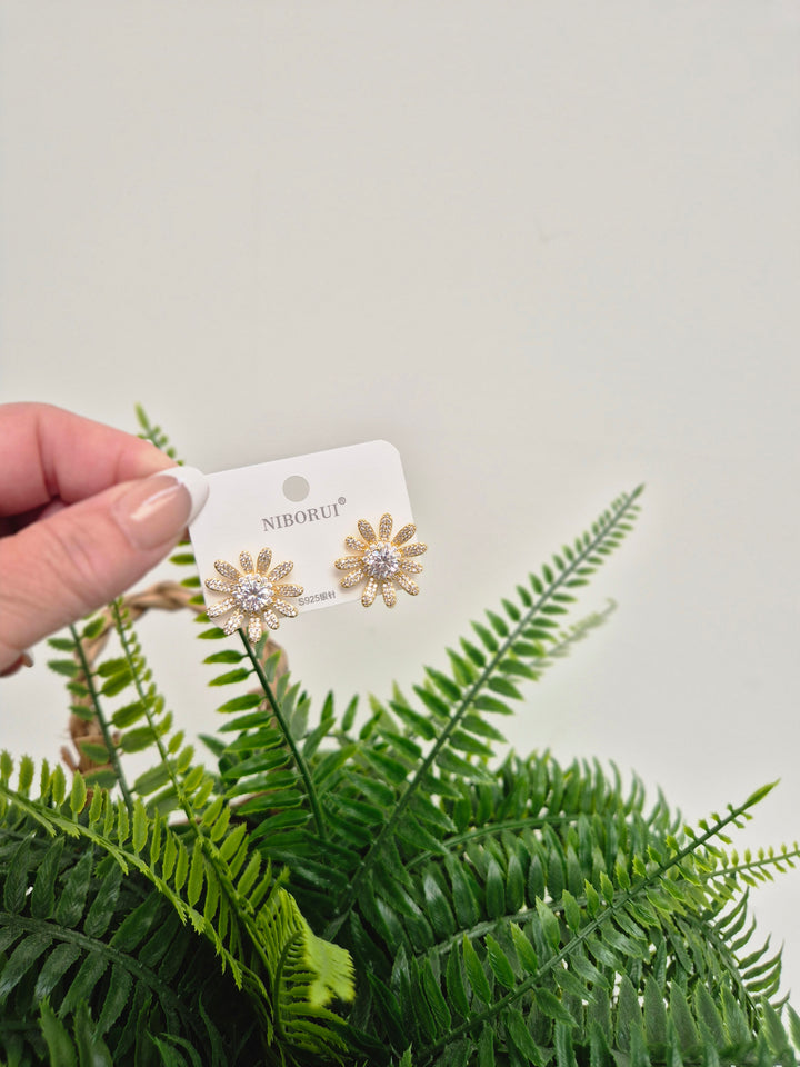 Crystal Flower Earrings - Gold Tone (Pierced)