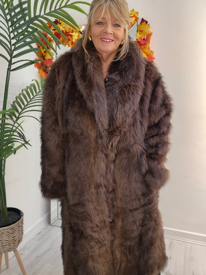 Oslo Fluffy Faux Fur Coat - Chocolate (choose your Size)