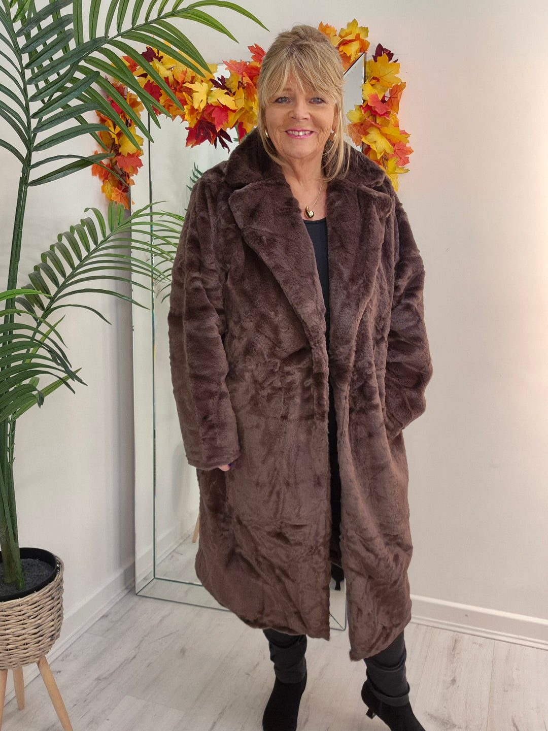 Oslo Faux Fur Longline Coat - Chocolate (choose your Size)