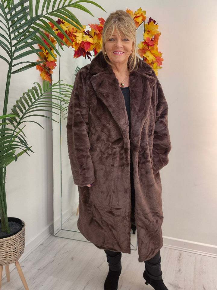 Oslo Faux Fur Longline Coat - Chocolate (choose your Size)