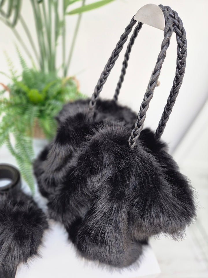 Oslo Faux Fur Bag with Dual Handles - Black (Large Size)