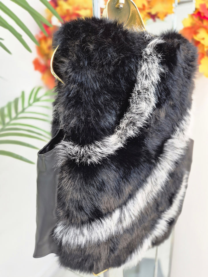 Oslo Faux Fur Two Tone Gilet with Crystal Fastenings - Black (One Size - fits up to Size 10 up to Size 16)