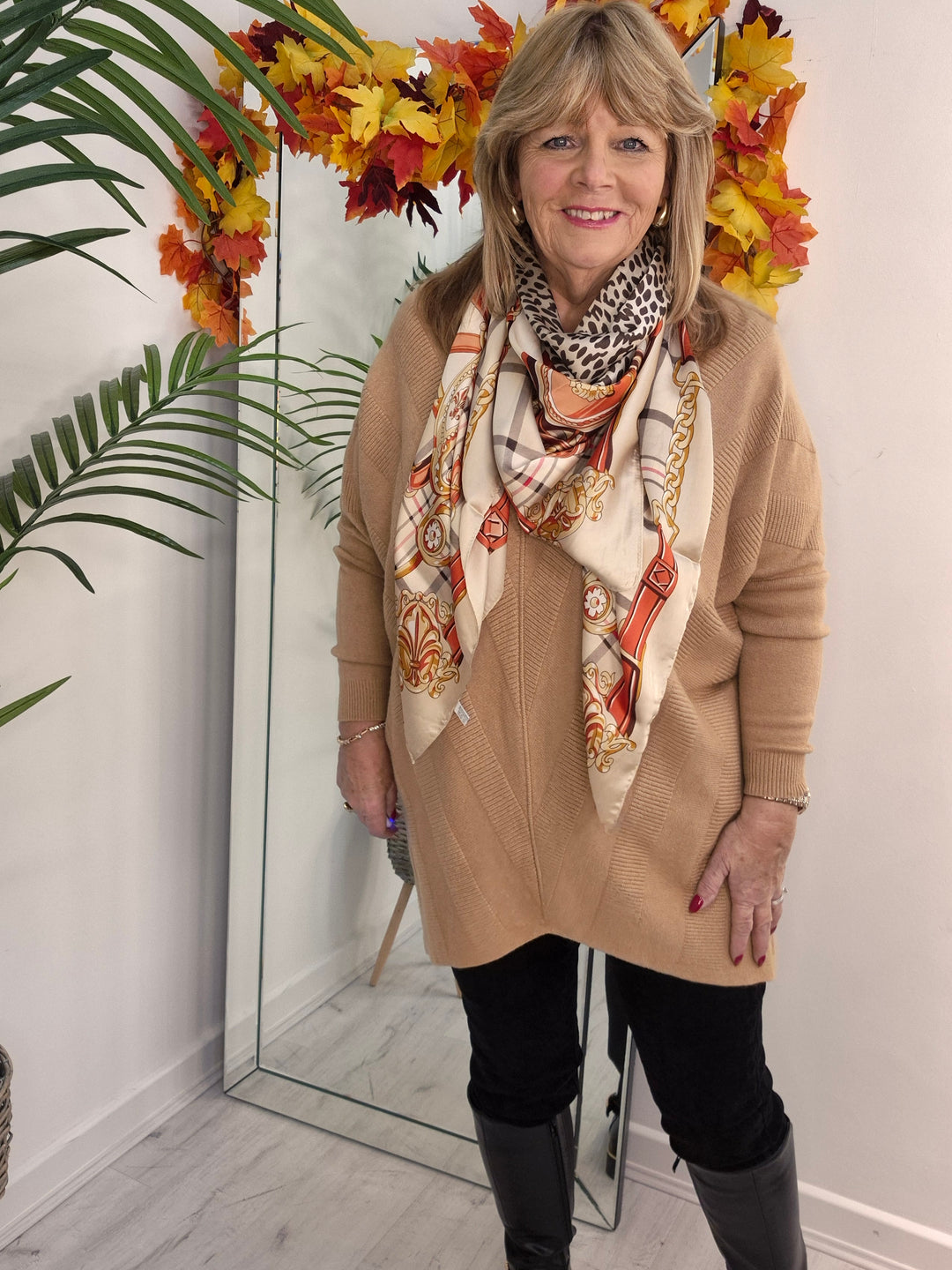 Silk Leopard Print & Checked Scarf - Beige Multi