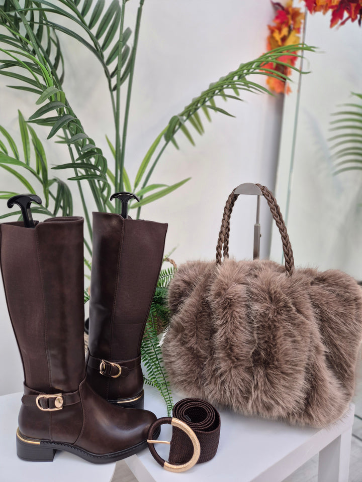 Oslo Faux Fur Bag with Dual Handles - Chocolate (Large Size)