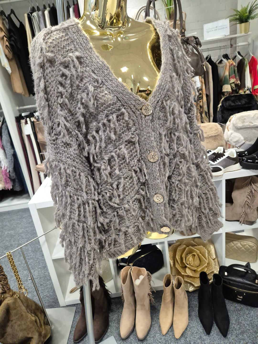 Shaggy Cardigan with Gold Buttons (Oversized) Long Length - Mocha