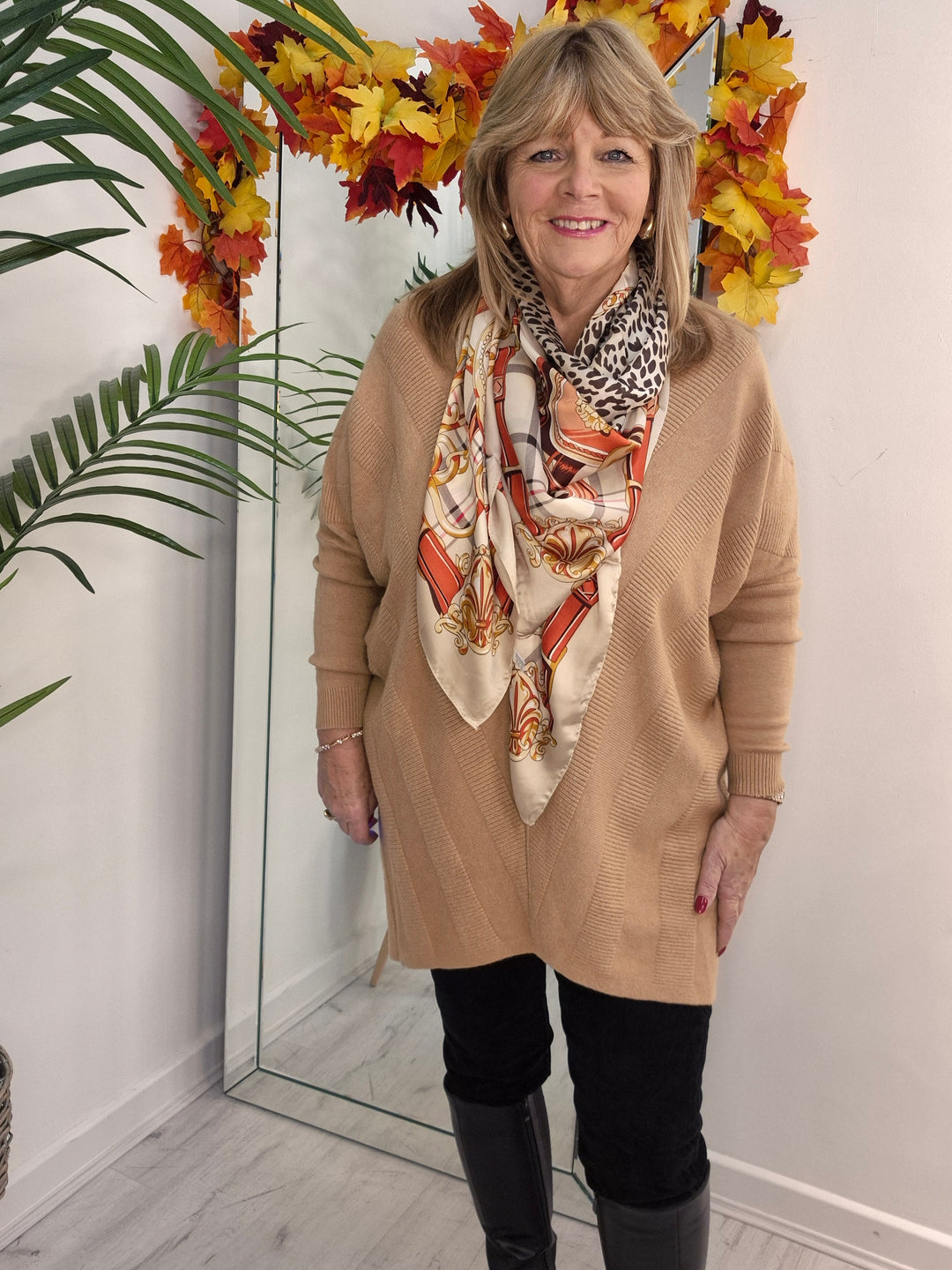 Silk Leopard Print & Checked Scarf - Beige Multi