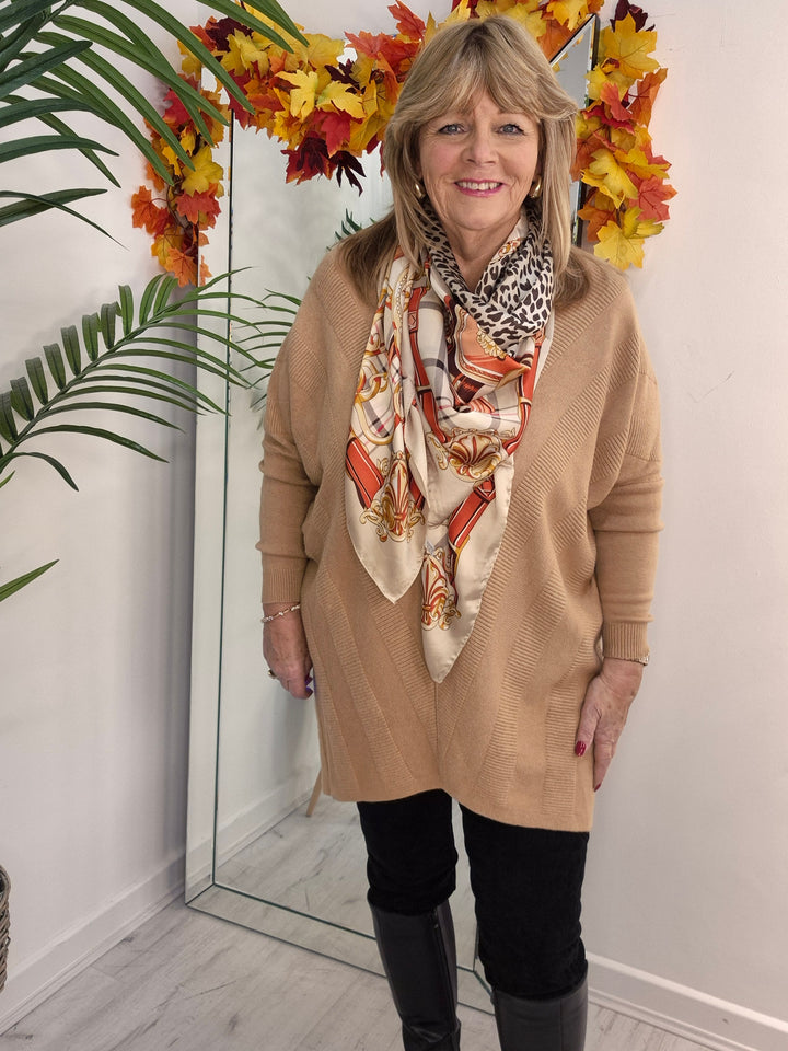 Silk Leopard Print & Checked Scarf - Beige Multi