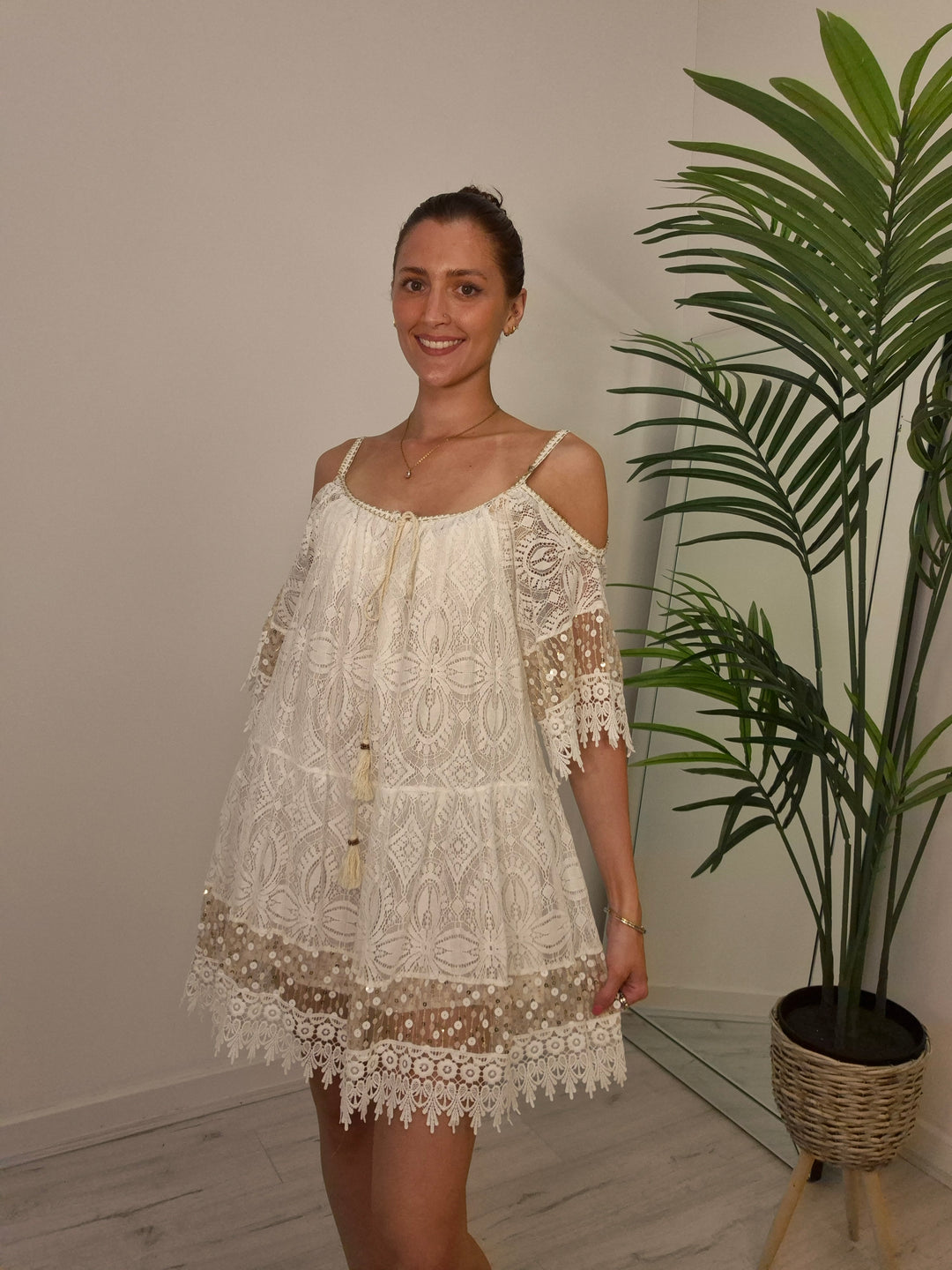 Ibiza Strappy Dress with Cold Shoulder - White/Gold