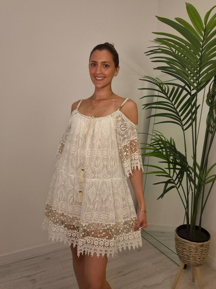 Ibiza Strappy Dress with Cold Shoulder - White/Gold