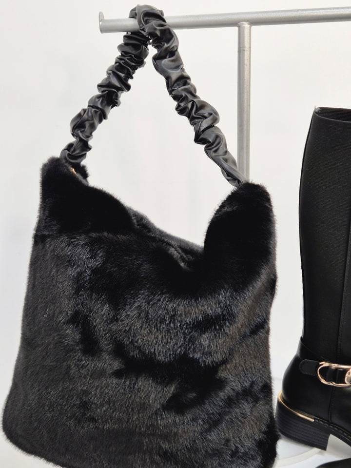 Oslo Large Faux Fur Bag with Stretchy Faux Leather Handle - Black