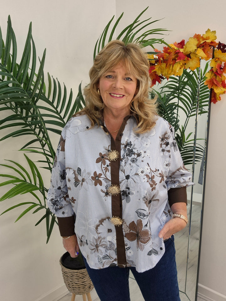 Zeta Otto Oversized Blouse - Blue/Chocolate (One Size - fits from Size 14 up to Size 18/20)