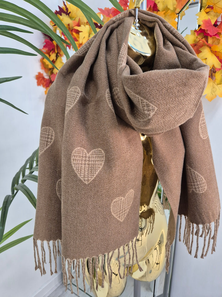 Hearts Oversized Scarf with Fringing - Chocolate