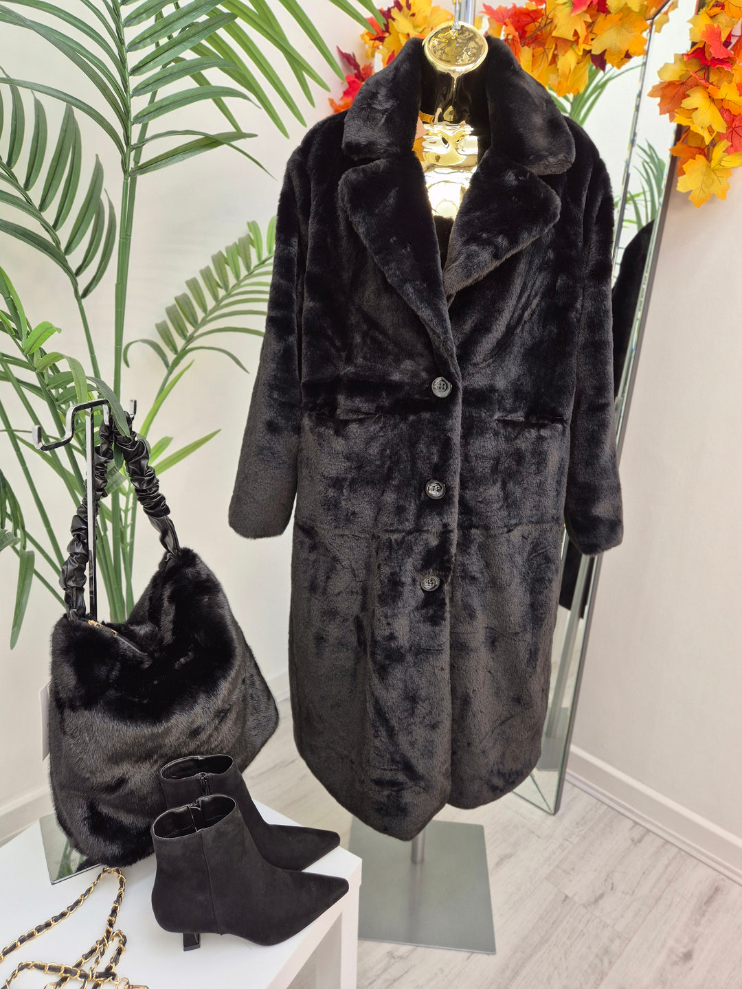 Oslo Longline Faux Fur Coat - Black (choose your Size)