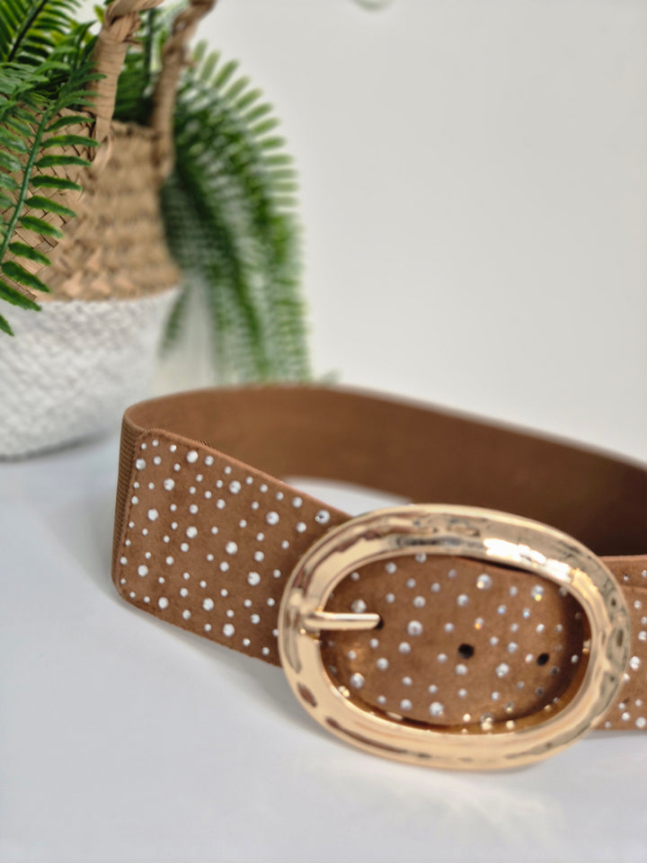 Stretchy Crystal Belt - Tan - (One Size, fits from Size 8 to Size 16)