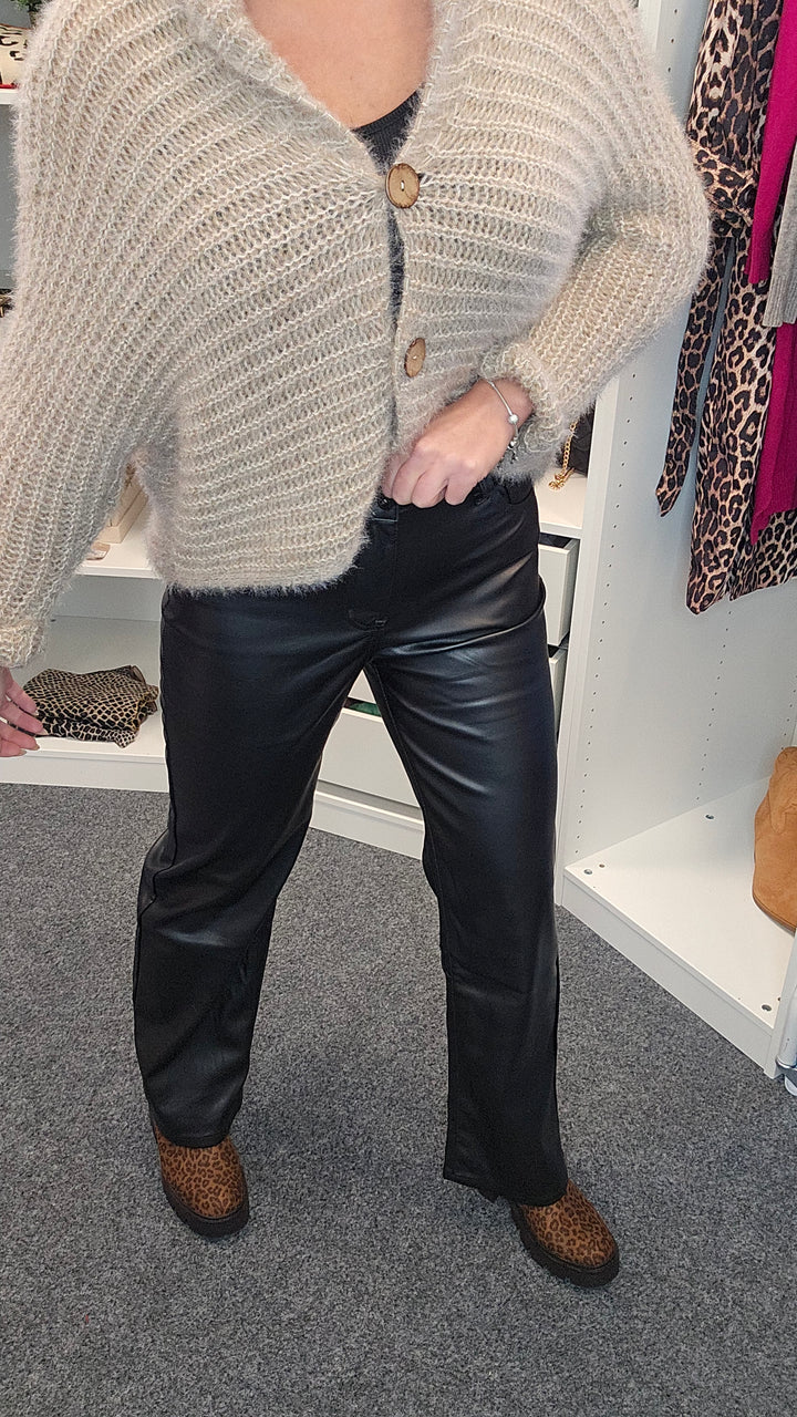 Wide Leg PU Coated Jeans - (Black) - (choose your Size)