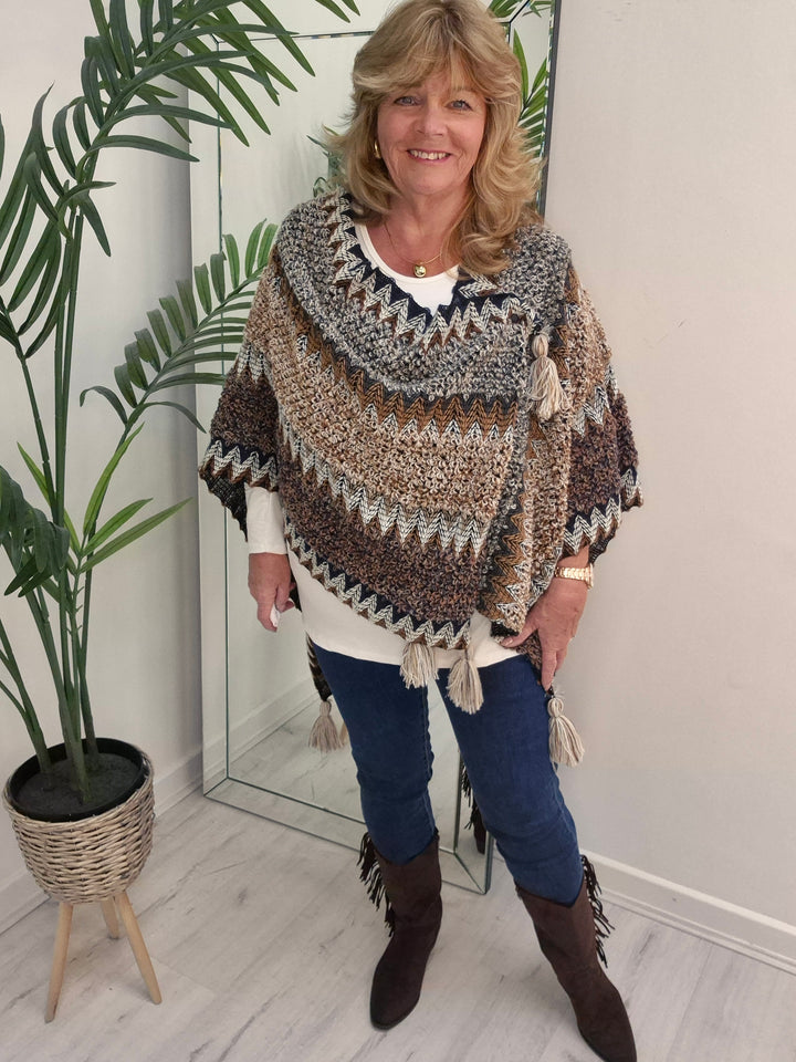 Aztec Poncho with Tassels - Chocolate Multi