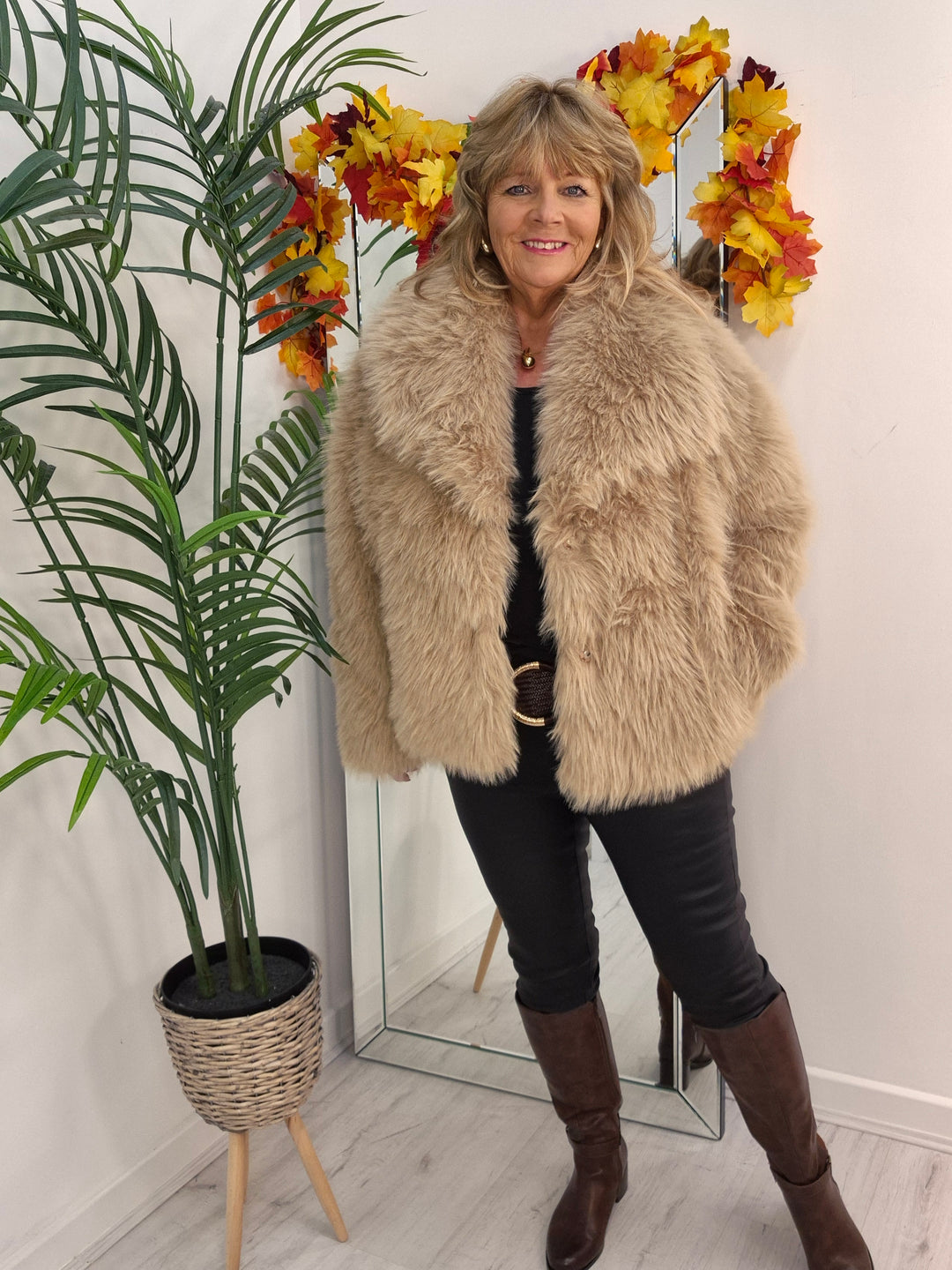 Oslo Faux Fur Shawl Collar Jacket - Light Camel (One Size/Curvy - fitting from Size 14 up to Size 18)