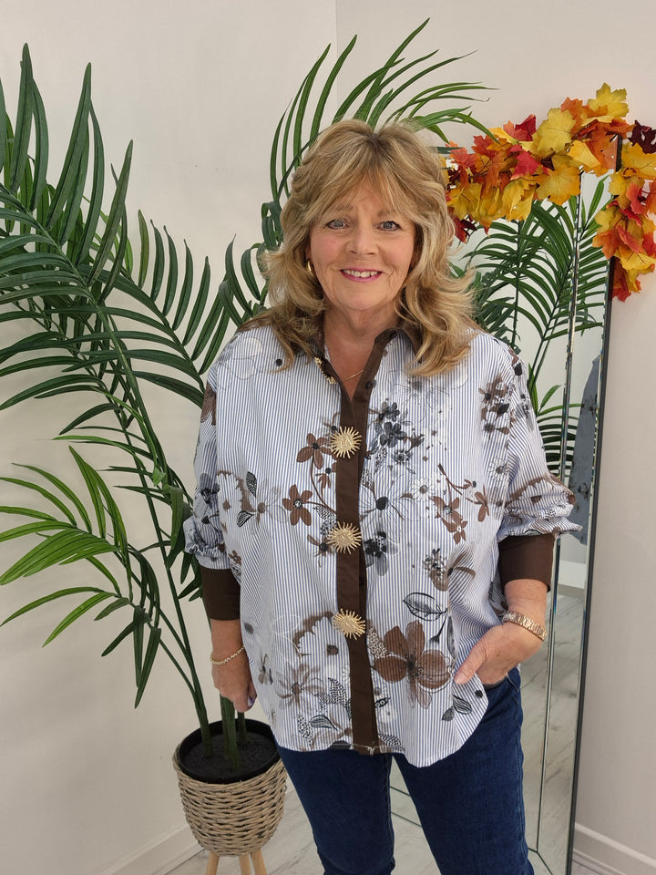 Zeta Otto Oversized Blouse - Blue/Chocolate (One Size - fits from Size 14 up to Size 18/20)