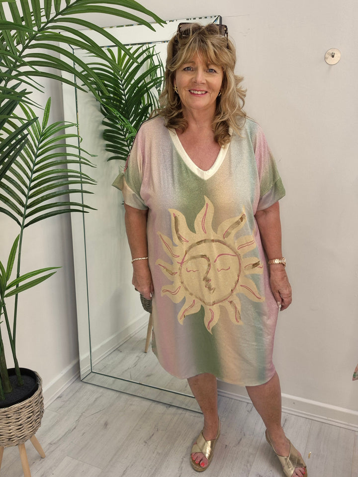 Carla Shimmer Dress - Sunshine with Palms (Loose Fit)