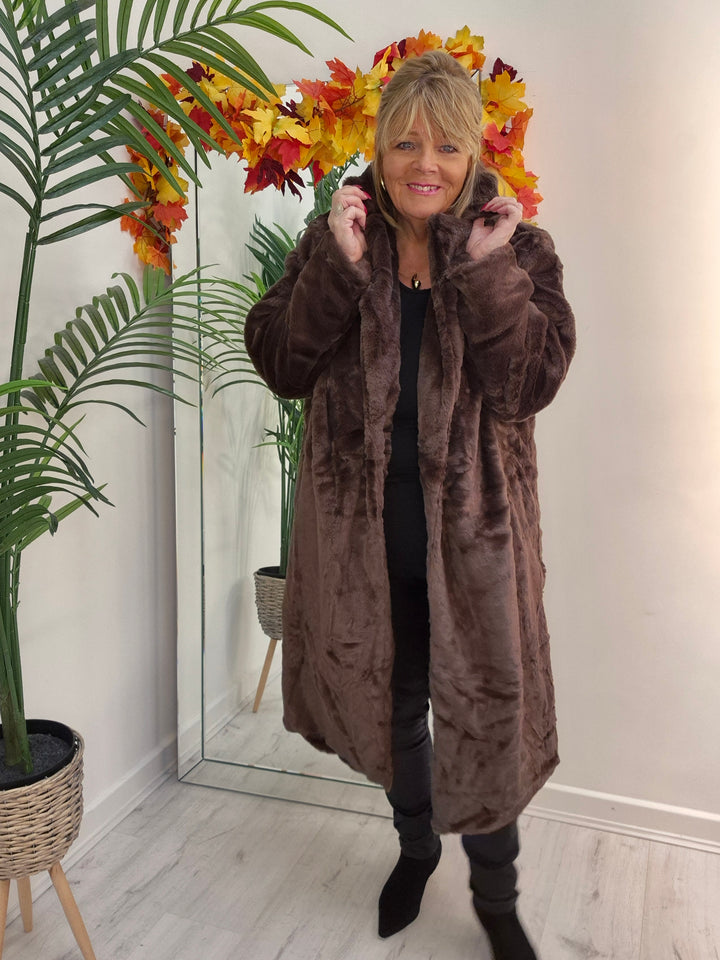Oslo Faux Fur Longline Coat - Chocolate (choose your Size)