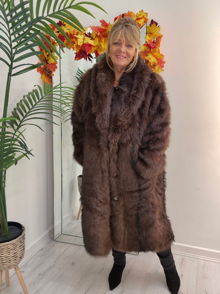 Oslo Fluffy Faux Fur Coat - Chocolate (choose your Size)