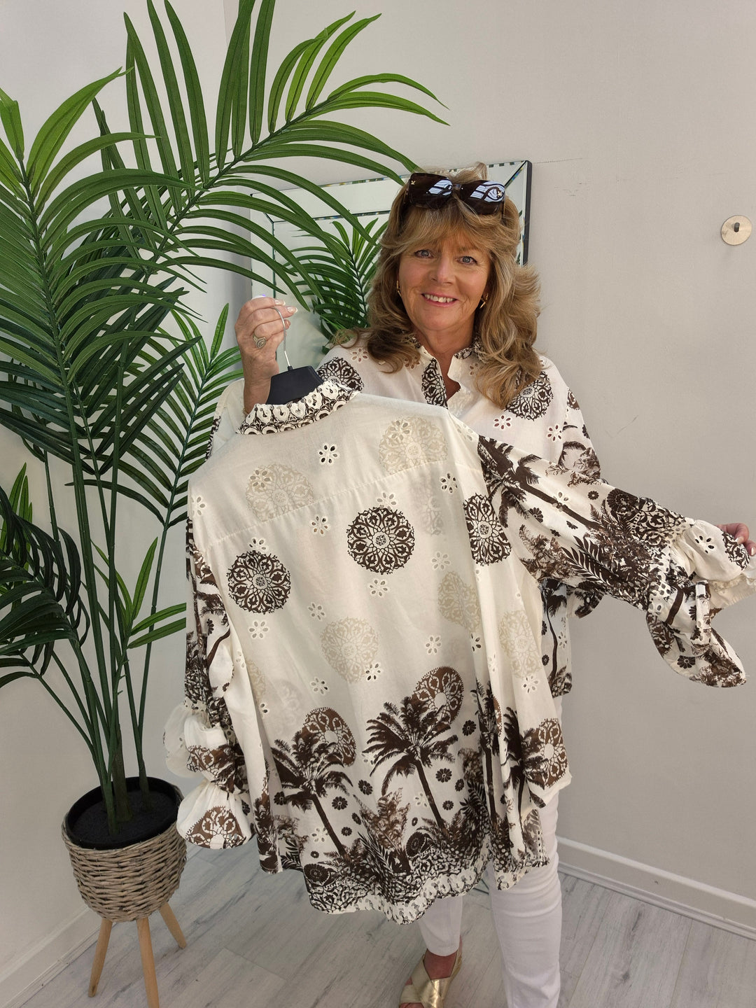 Zetta Otto Double Fluted Sleeve Blouse - White/ Chocolate - Palm (Oversized)