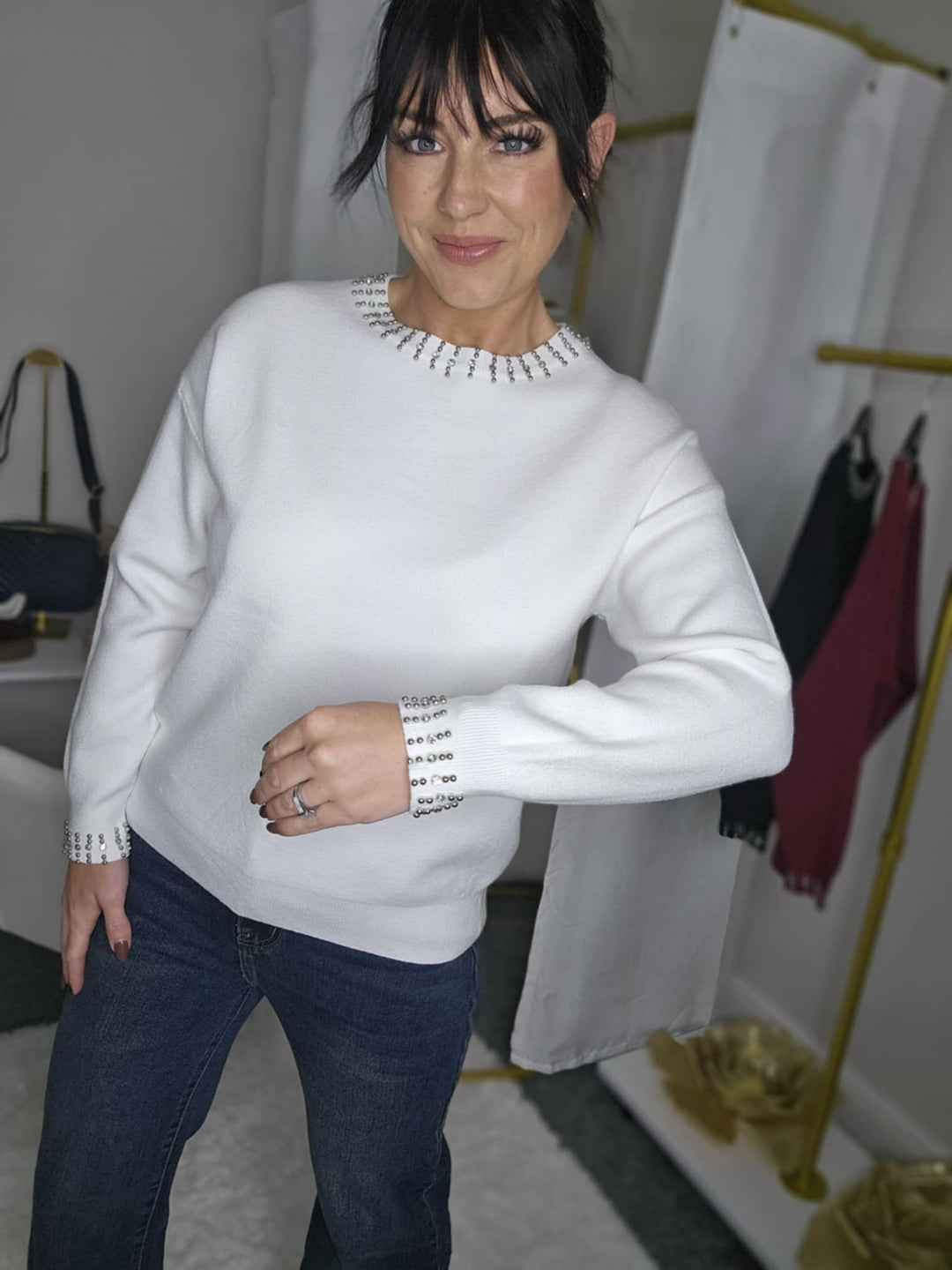Ella Crystal Beaded Jumper - (One Size fits from Size 10 to Size 14/16) - Winter White