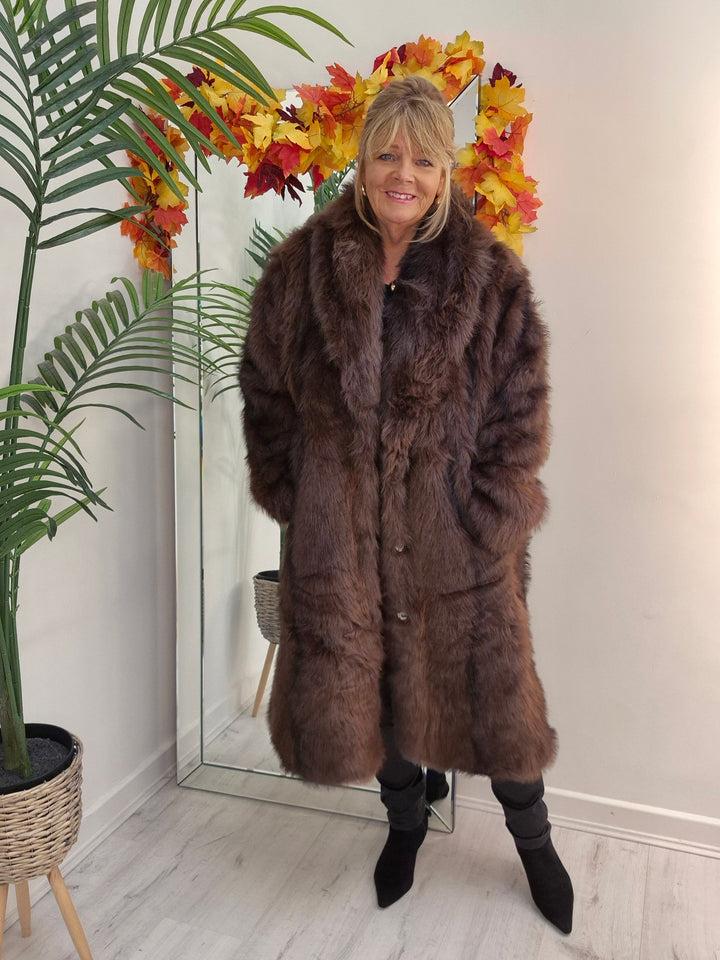 Oslo Fluffy Faux Fur Coat - Chocolate (choose your Size)