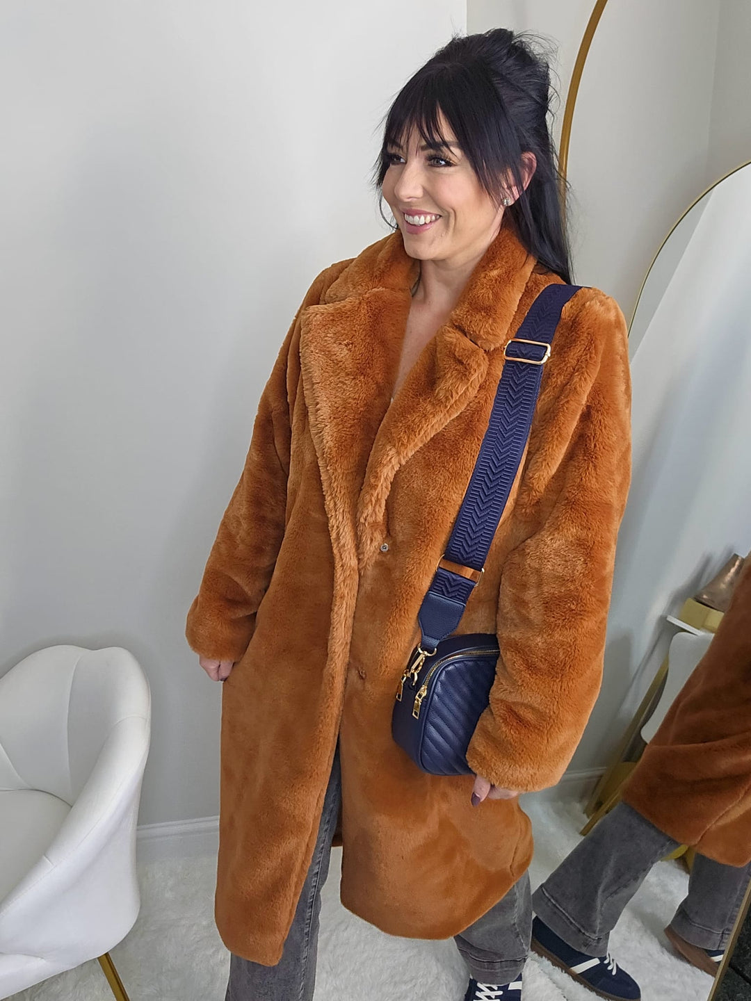 Oslo Faux Fur Longline Coat - Rust (One Size - fits from Size 10 up to Size 16)