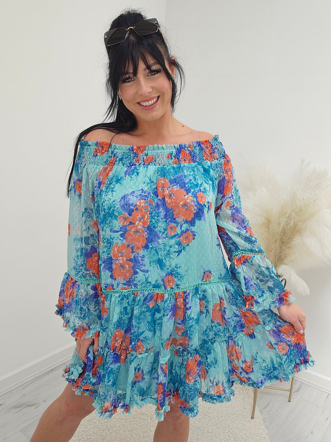 Bali Bardot Dress - Teal/Coral