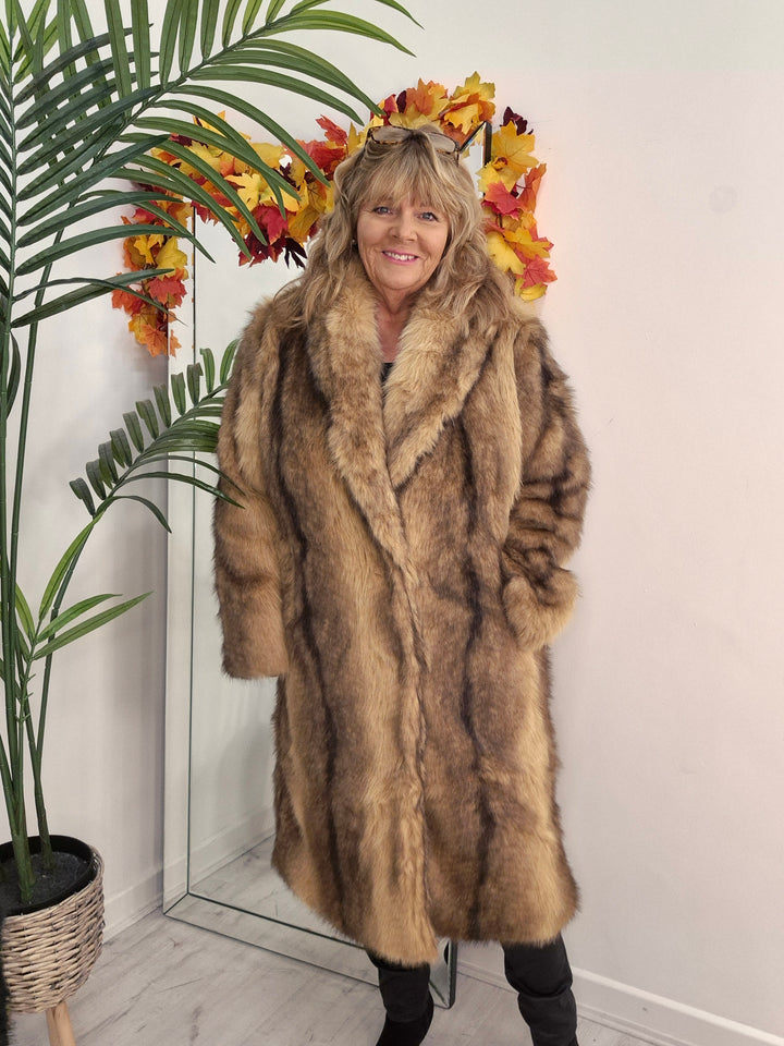 Oslo Faux Fur Longline Coat - Camel (One Size - fitting Size 10/12 up to Size 16/18)