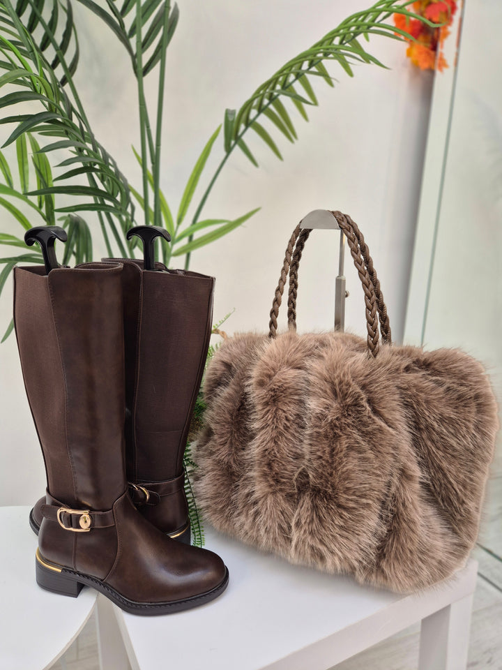 Oslo Faux Fur Bag with Dual Handles - Chocolate (Large Size)