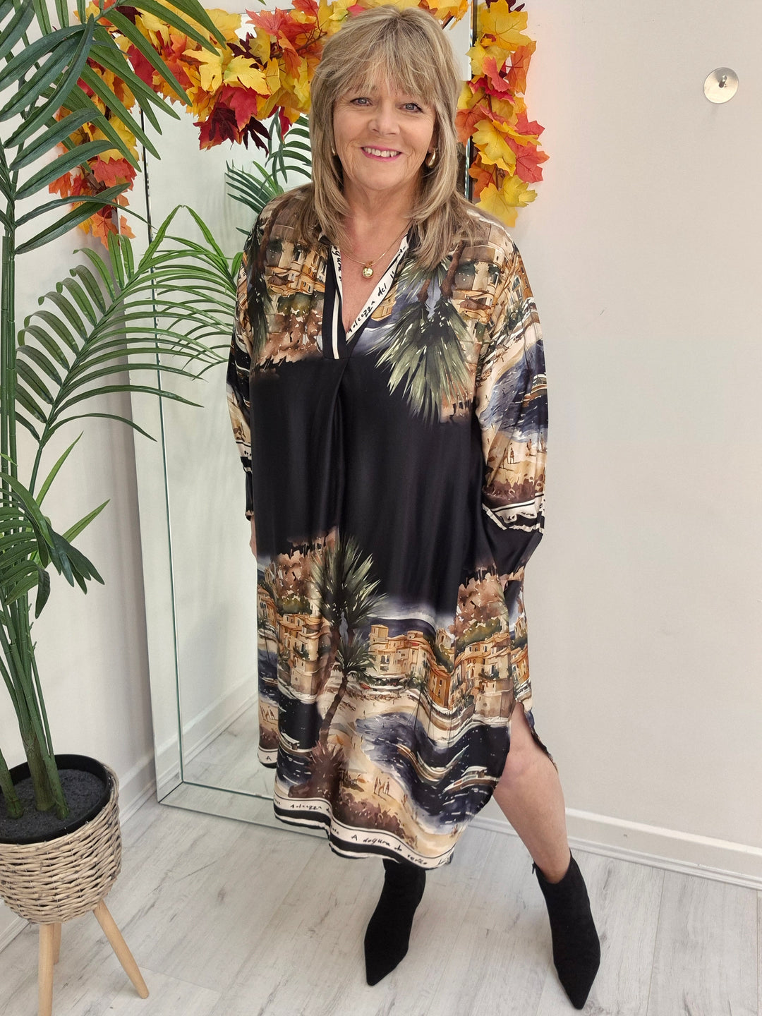 Amalfi Village Silk Dress - Black/Khaki - (One Size/Curvy - fitting from Size 14 to Size 20)