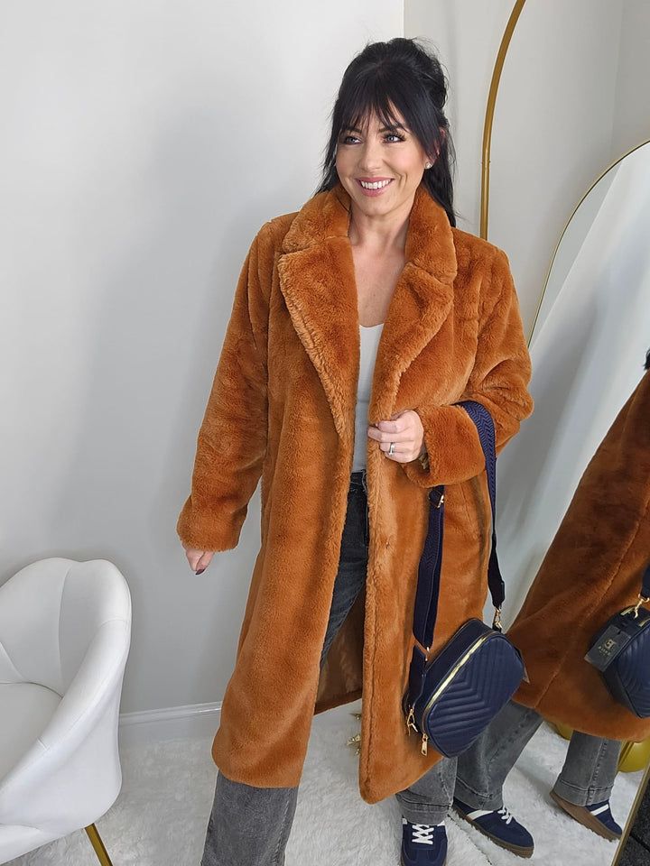 Oslo Faux Fur Longline Coat - Rust (One Size - fits from Size 10 up to Size 16)